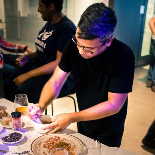 Badri in action with a mortar and pestle