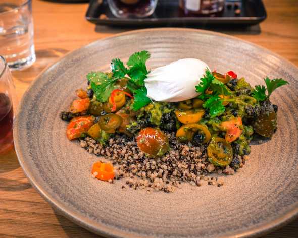 Crispy Beans & Quinoa: Poached egg on a bed of quinoa and crunchy black beans